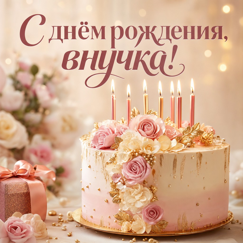 Премиальная открытка с тортиком и свечами для поздравления внучки с днём рождения!