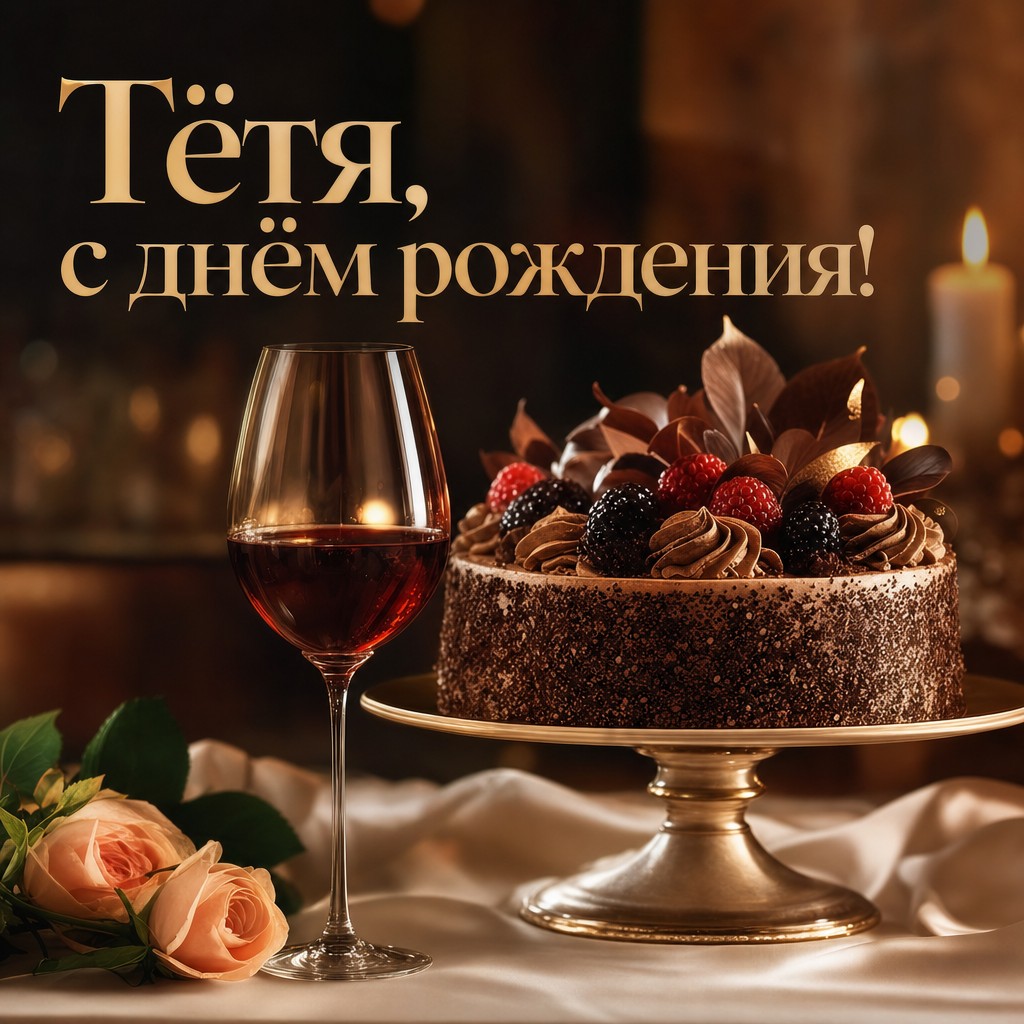 Стильная открытка с вином и тортом для дня рождения тёти. Элегантный и праздничный дизайн.