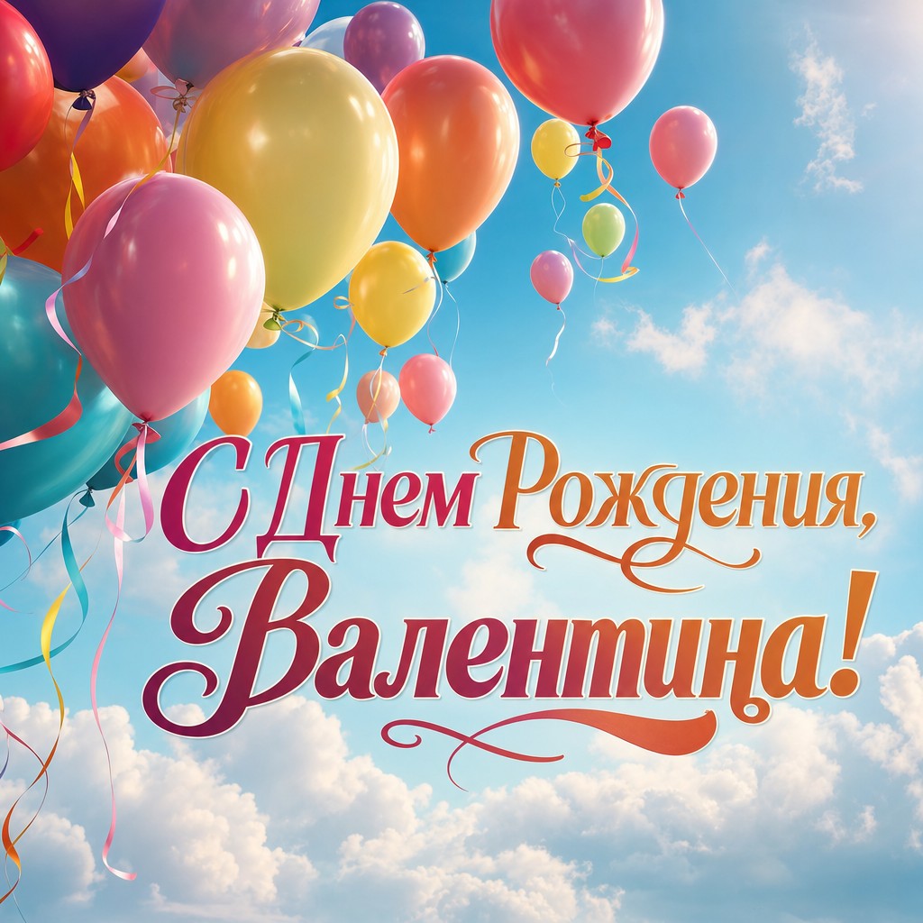 Яркая открытка с воздушными шарами для Валентины на День Рождения.