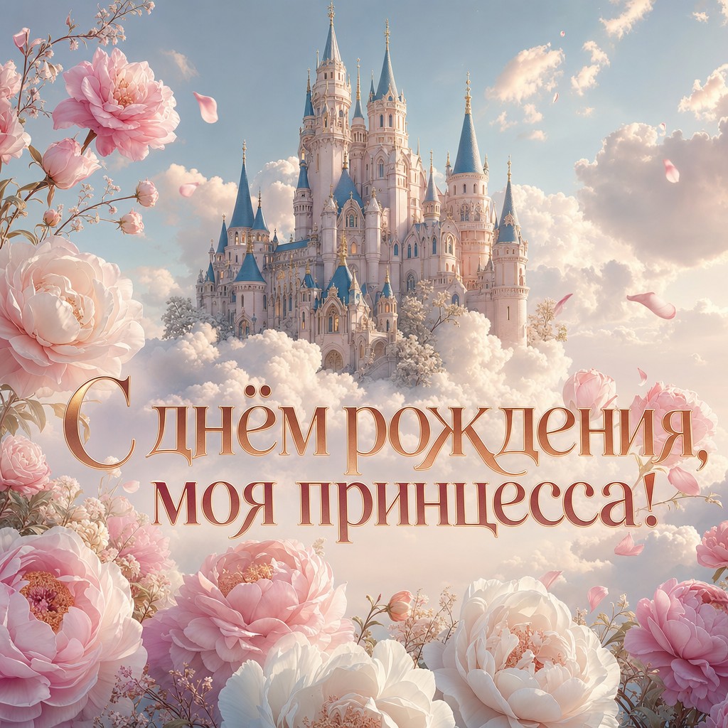 Элегантная открытка с замком для поздравления внучки с днём рождения!