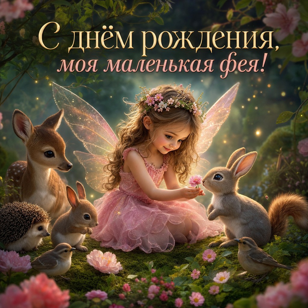 Сказочная открытка с животными для поздравления внучки с днём рождения!