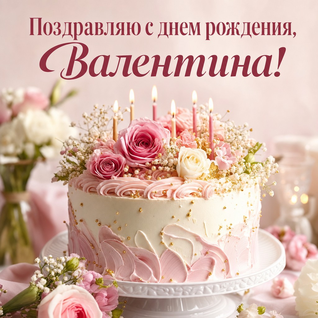 Элегантная открытка с тортом для Валентины на День Рождения.