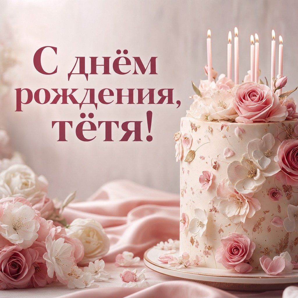 Элегантная открытка с тортом и свечами для дня рождения тёти. Стильно и празднично.