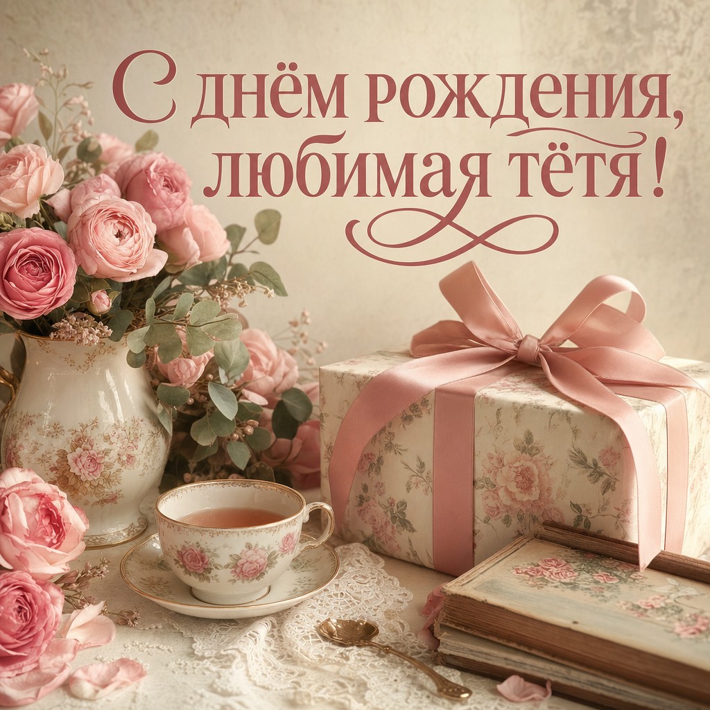 Уютная открытка в винтажном стиле для дня рождения тёти. Нежный и тёплый дизайн.
