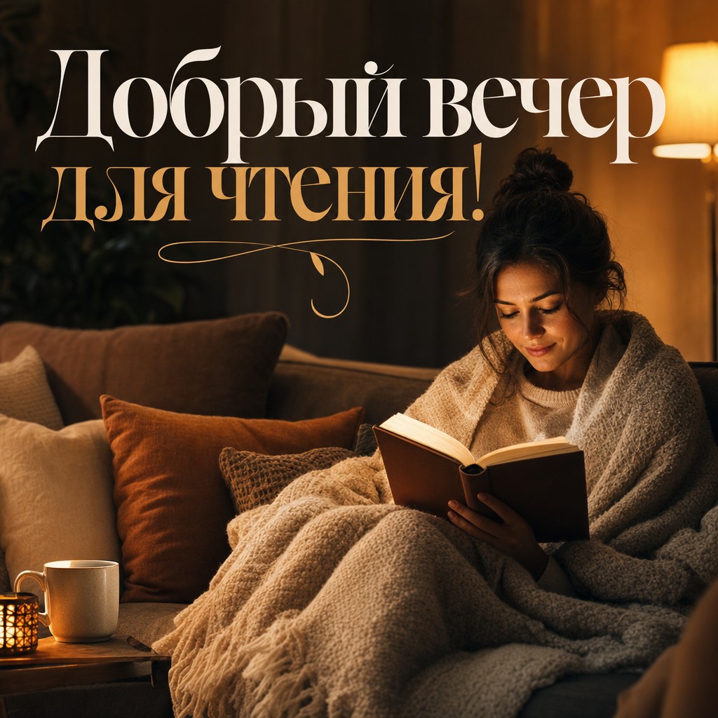 Открытка с уютной сценой чтения для доброго вечера.