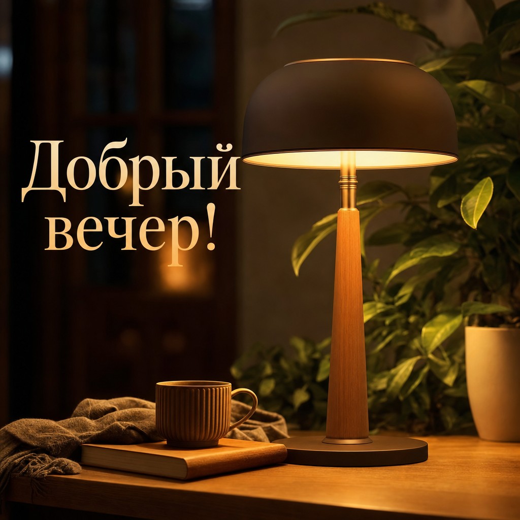Открытка с уютной настольной лампой, создающей теплый вечерний свет.