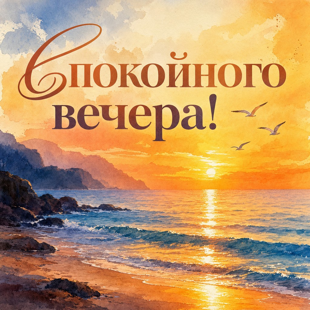 Открытка с морским пейзажем на закате для доброго вечера.