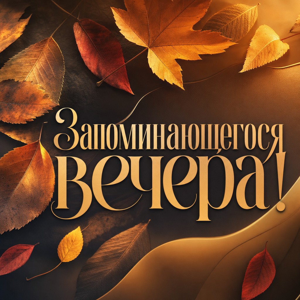Современная открытка с осенними листьями, создающая атмосферу вечера.