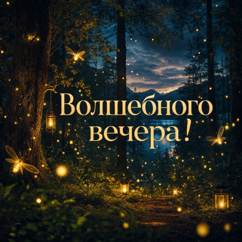 Зачарованная открытка с светлячками, создающими магию вечера.