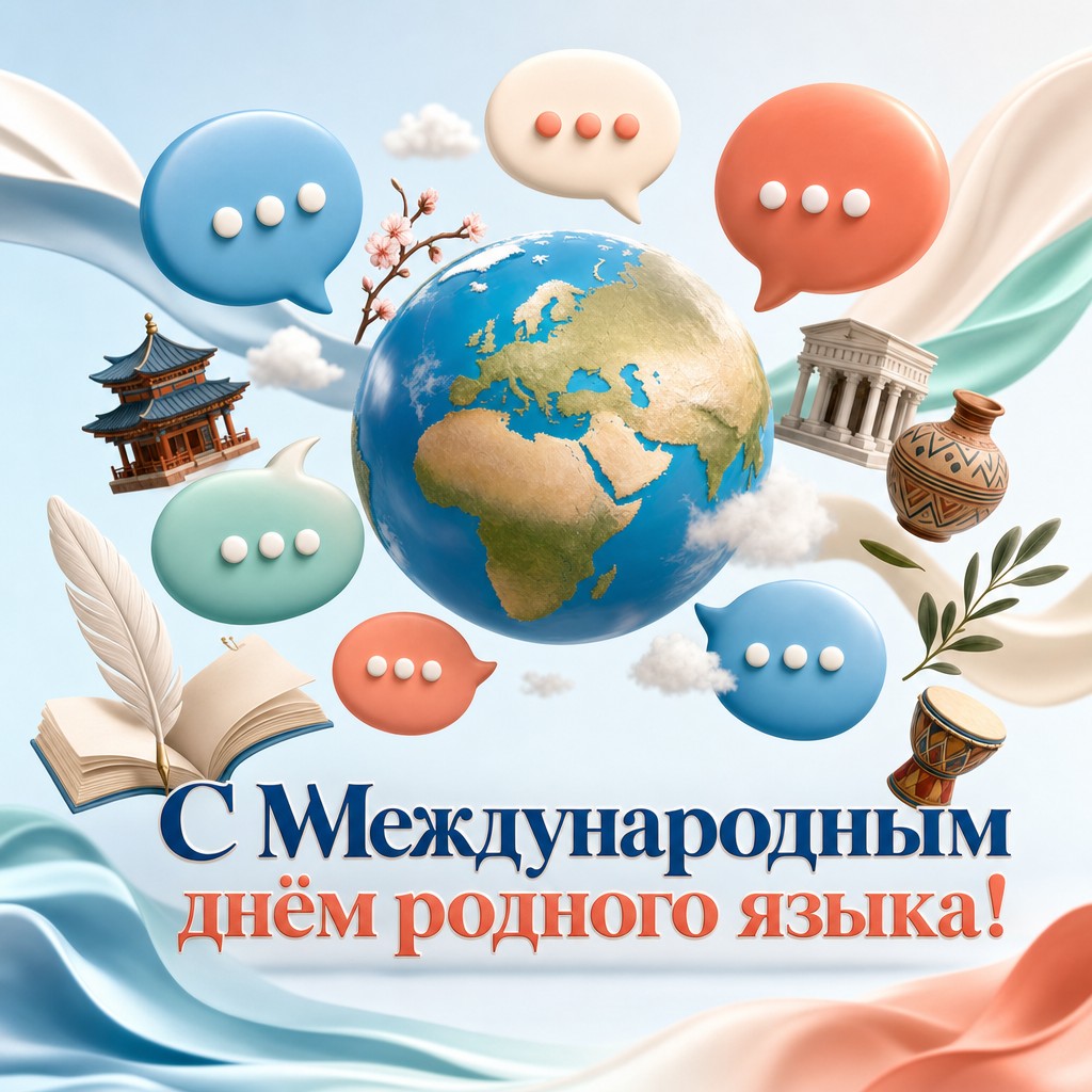 Яркая 3D-открытка к Международному дню родного языка с глобусом и речевыми облаками.