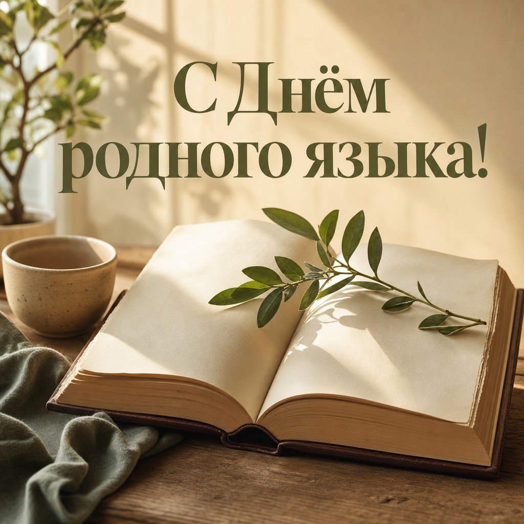 Тёплая премиальная открытка к Международному дню родного языка с раскрытой книгой и мягким утренним светом.