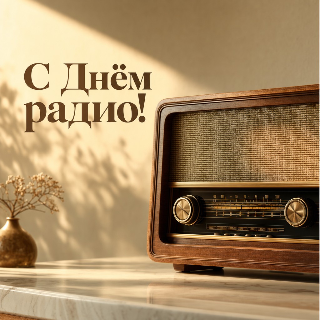 Стильная открытка ко Дню радио с тёплым ретро-радиоприёмником и премиальной атмосферой.