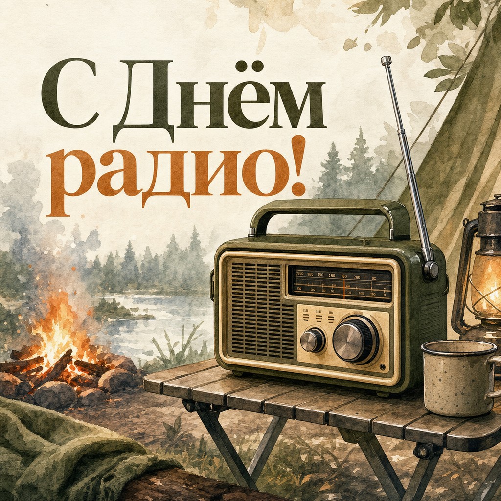 Уютная акварельная открытка ко Дню радио с походным приёмником, антенной и тёплым светом костра.