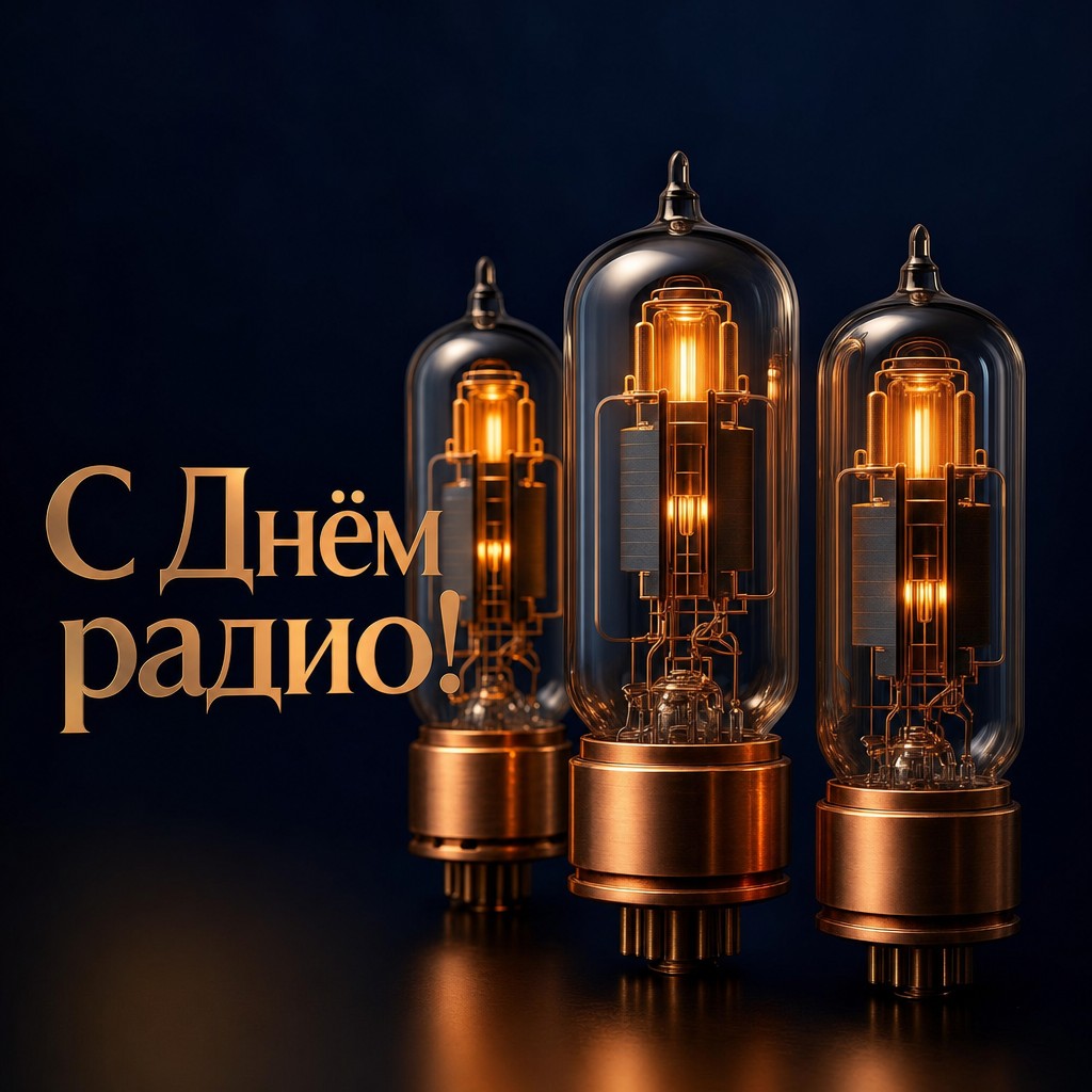 Атмосферная открытка ко Дню радио со светящимися радиолампами в тёплой медно-синей палитре.