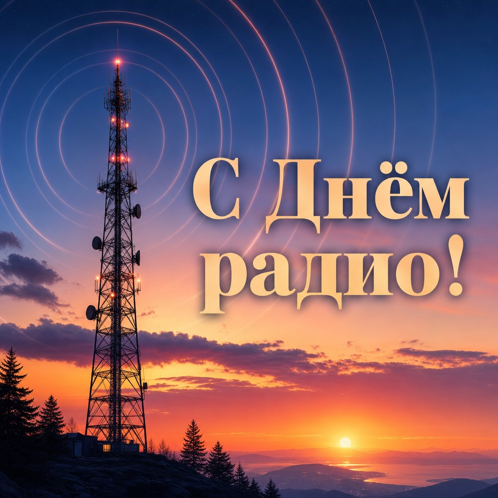 Современная открытка ко Дню радио с радиовышкой, закатным небом и мягкими волнами сигнала.