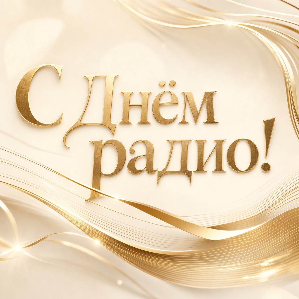 Элегантная открытка ко Дню радио с золотыми радиоволнами на светлом премиальном фоне.