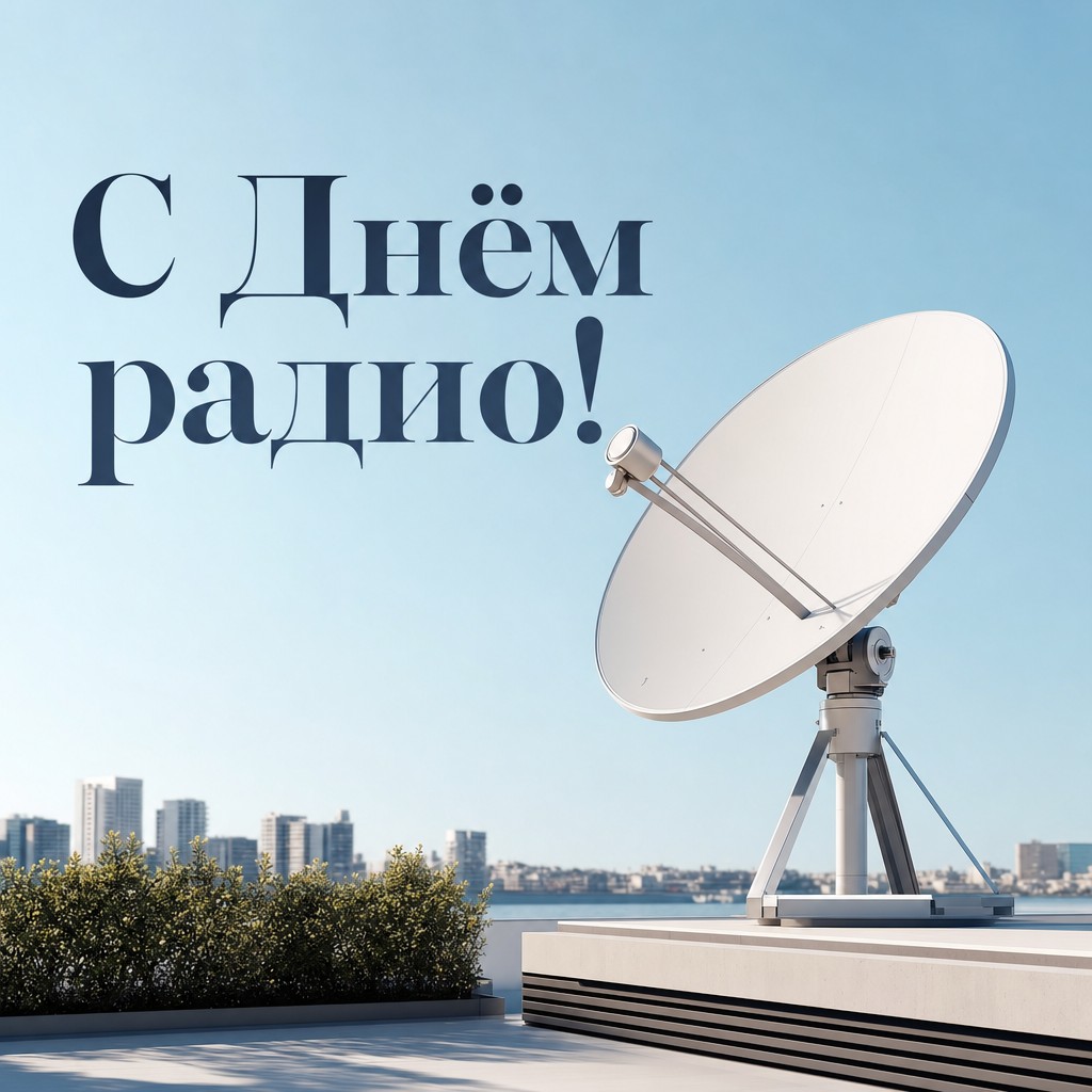 Лаконичная открытка ко Дню радио со спутниковой антенной, небом и чистой премиальной композицией.