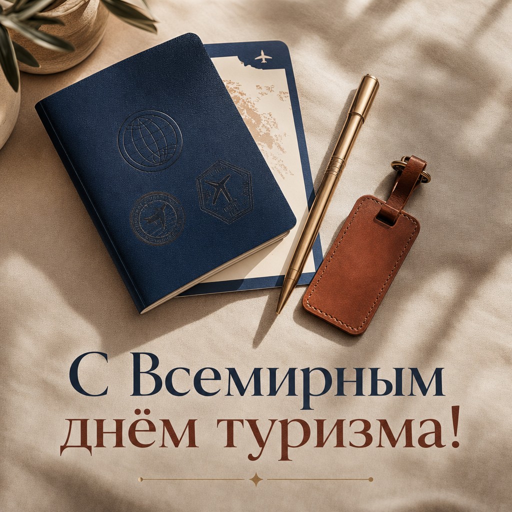 Премиальная открытка ко Всемирному дню туризма с паспортом, посадочным талоном и атмосферой путешествия.