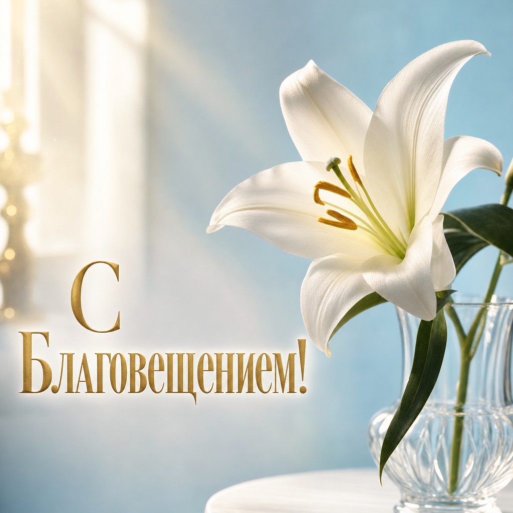 Нежная открытка на Благовещение Пресвятой Богородицы с белой лилией, утренним светом и спокойной праздничной атмосферой.