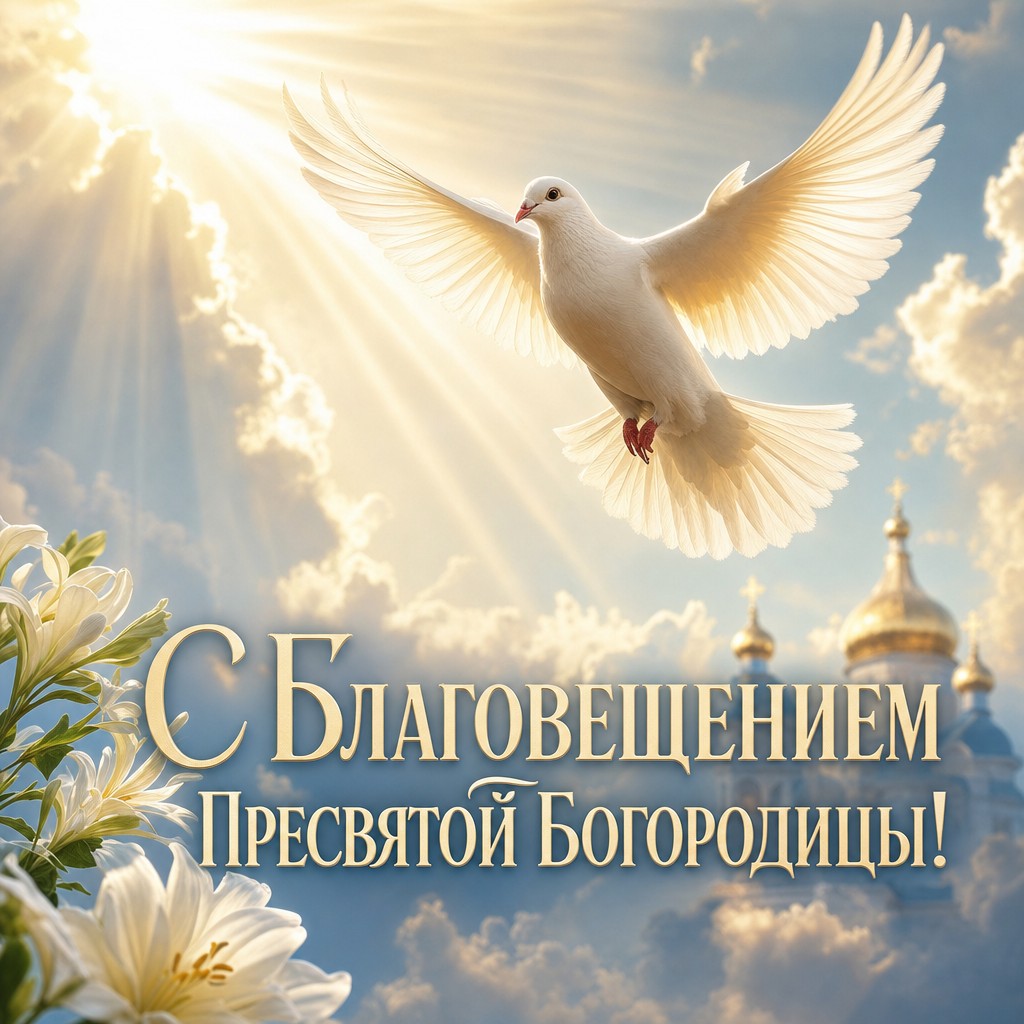 Светлая открытка на Благовещение Пресвятой Богородицы с белым голубем, небом и теплым сиянием.