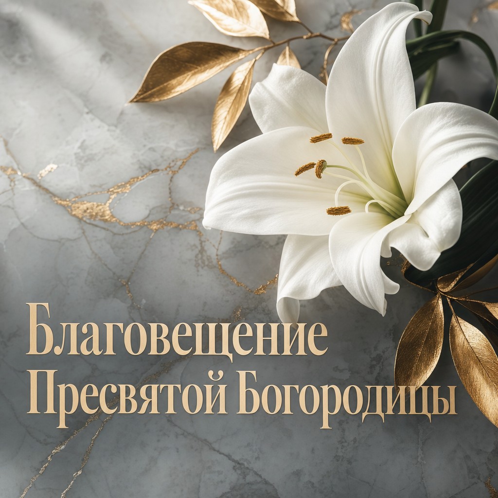 Премиальная открытка на Благовещение Пресвятой Богородицы с белой лилией, мрамором и матовым золотом.