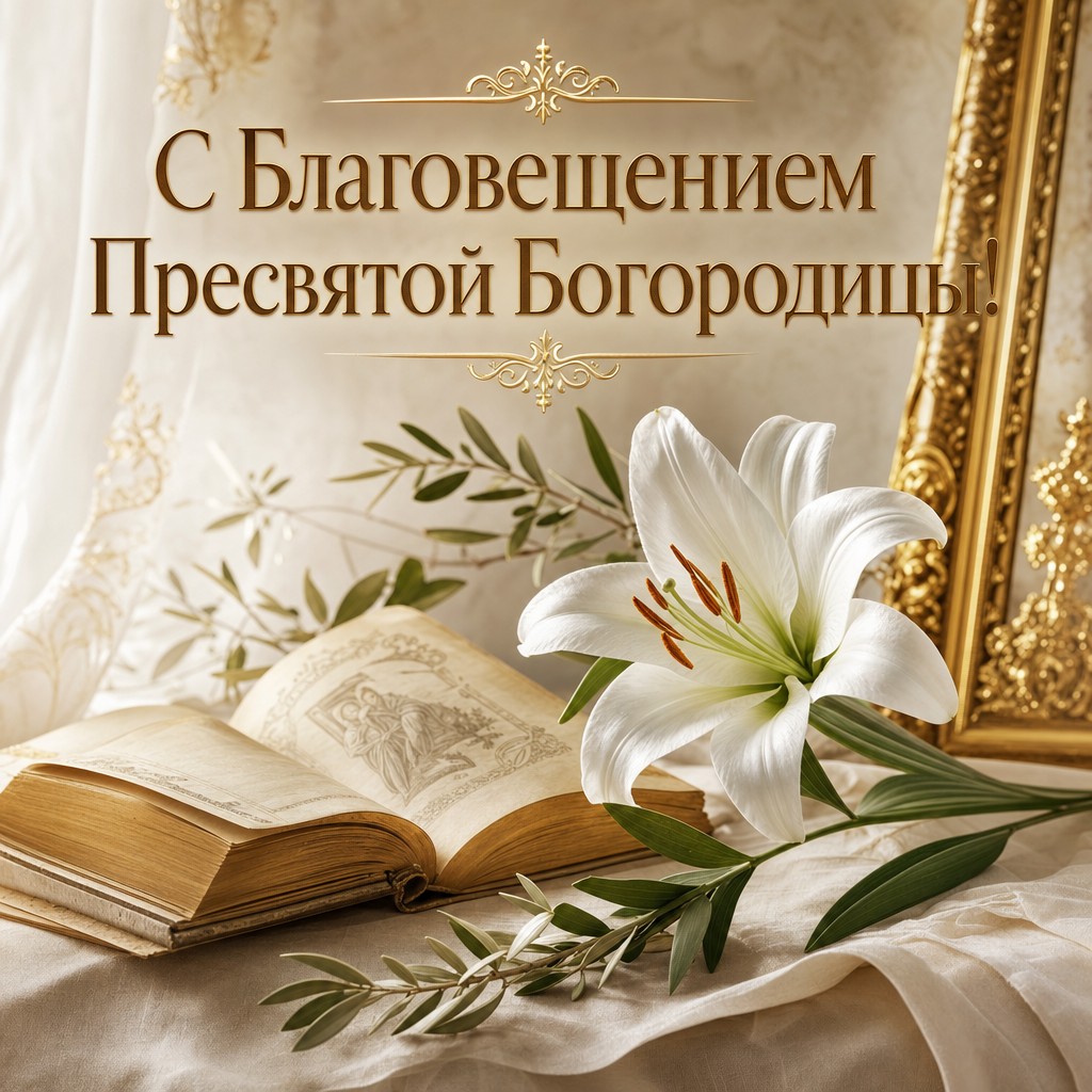 Элегантная открытка на Благовещение Пресвятой Богородицы с раскрытой книгой, белой лилией и теплым светом.