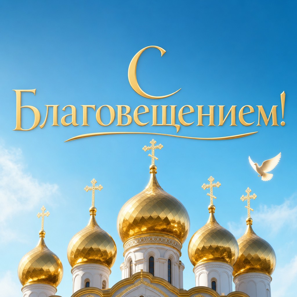 Минималистичная открытка на Благовещение Пресвятой Богородицы с золотыми куполами и чистым голубым небом.