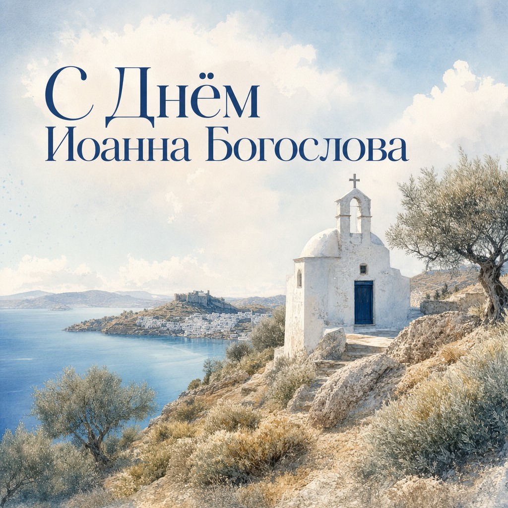Светлая акварельная открытка ко Дню Иоанна Богослова с островом Патмос и спокойным морем.