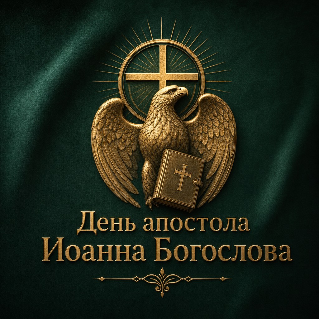 Премиальная открытка ко Дню апостола Иоанна Богослова с золотым орлом на изумрудном фоне.