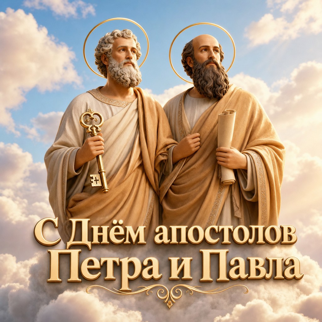 Добрая светлая открытка на День апостолов Петра и Павла с объёмными фигурами апостолов и золотыми нимбами.