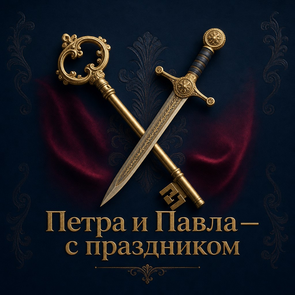 Элегантная открытка на День апостолов Петра и Павла с символами апостолов — ключом и мечом на бархате.