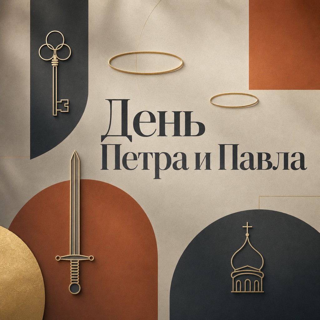 Современная открытка на День апостолов Петра и Павла с лаконичными символами ключа, меча и купола.