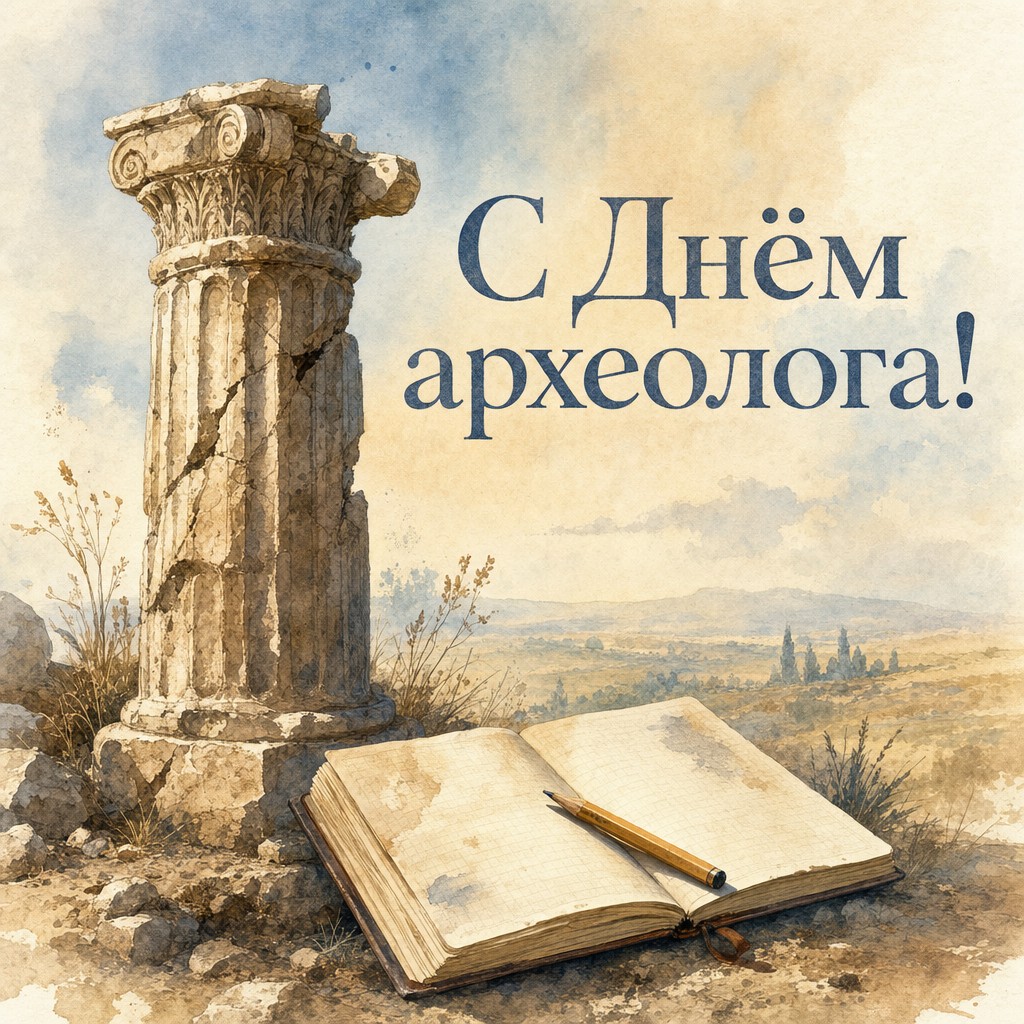Акварельная открытка на День археолога с античной колонной, полевым дневником и мягкой исторической атмосферой.