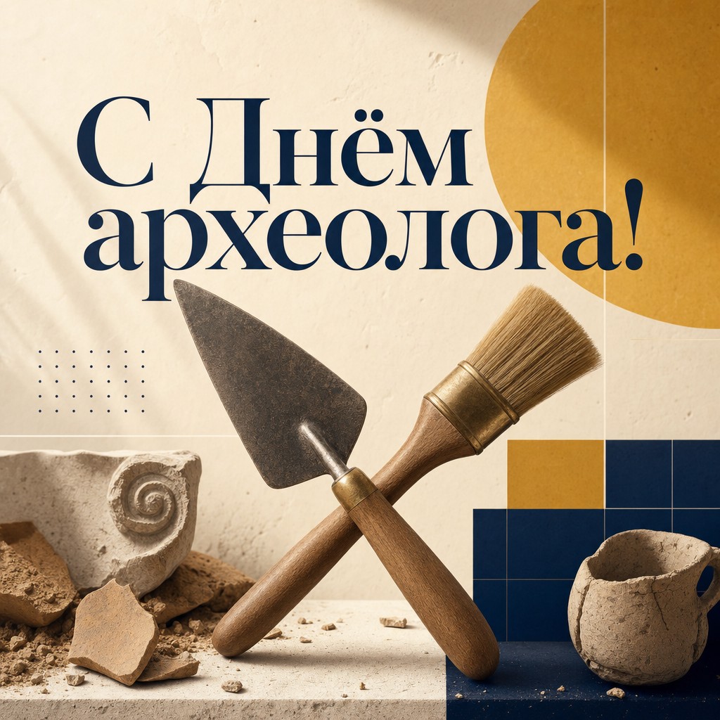 Современная открытка на День археолога с мастерком, кистью и лаконичной графикой раскопок.