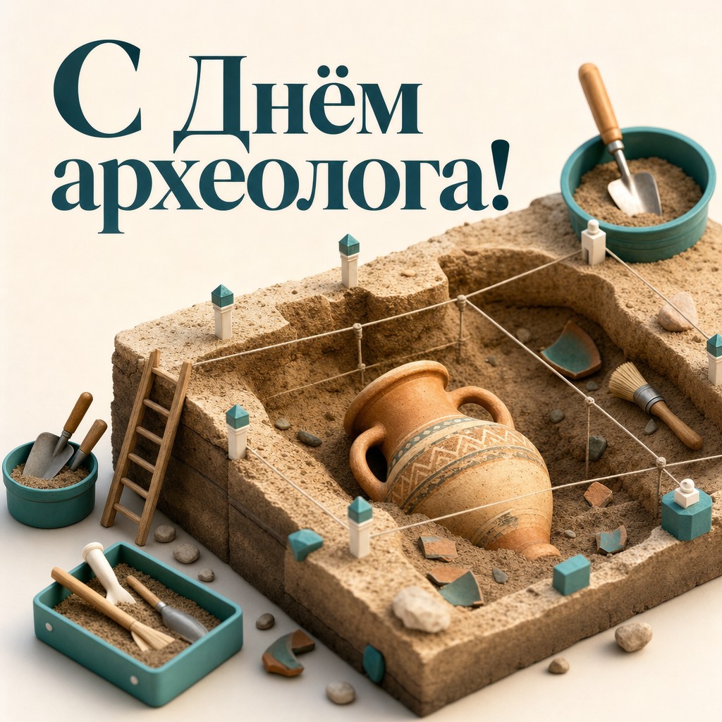 Яркая 3D-открытка на День археолога с миниатюрным раскопом, амфорой и аккуратной сеткой участка.