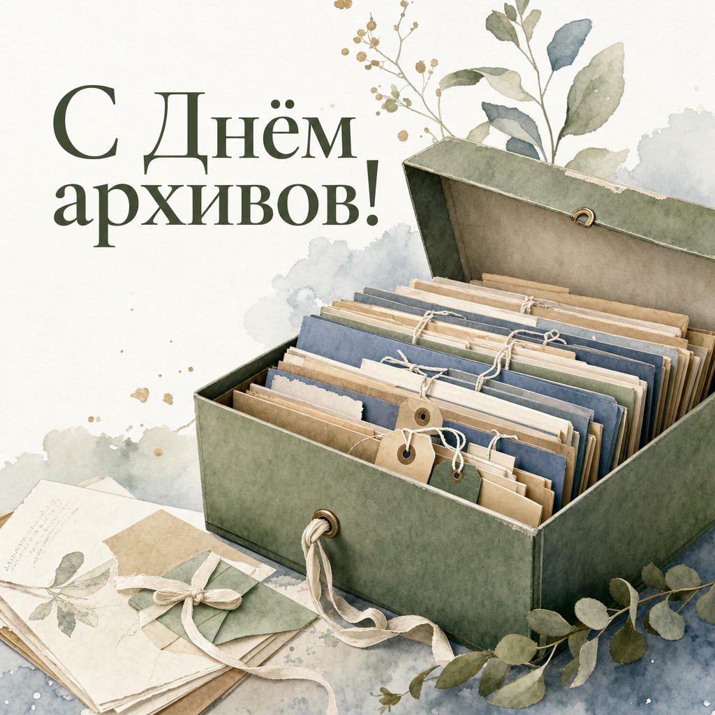 Нежная акварельная открытка на День архивов с архивной коробкой, папками и документами.