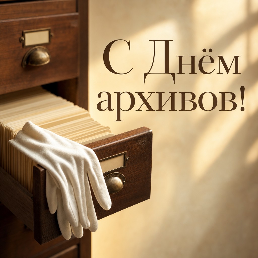 Стильная открытка на День архивов с деревянным каталогом, карточками и тёплым премиальным светом.