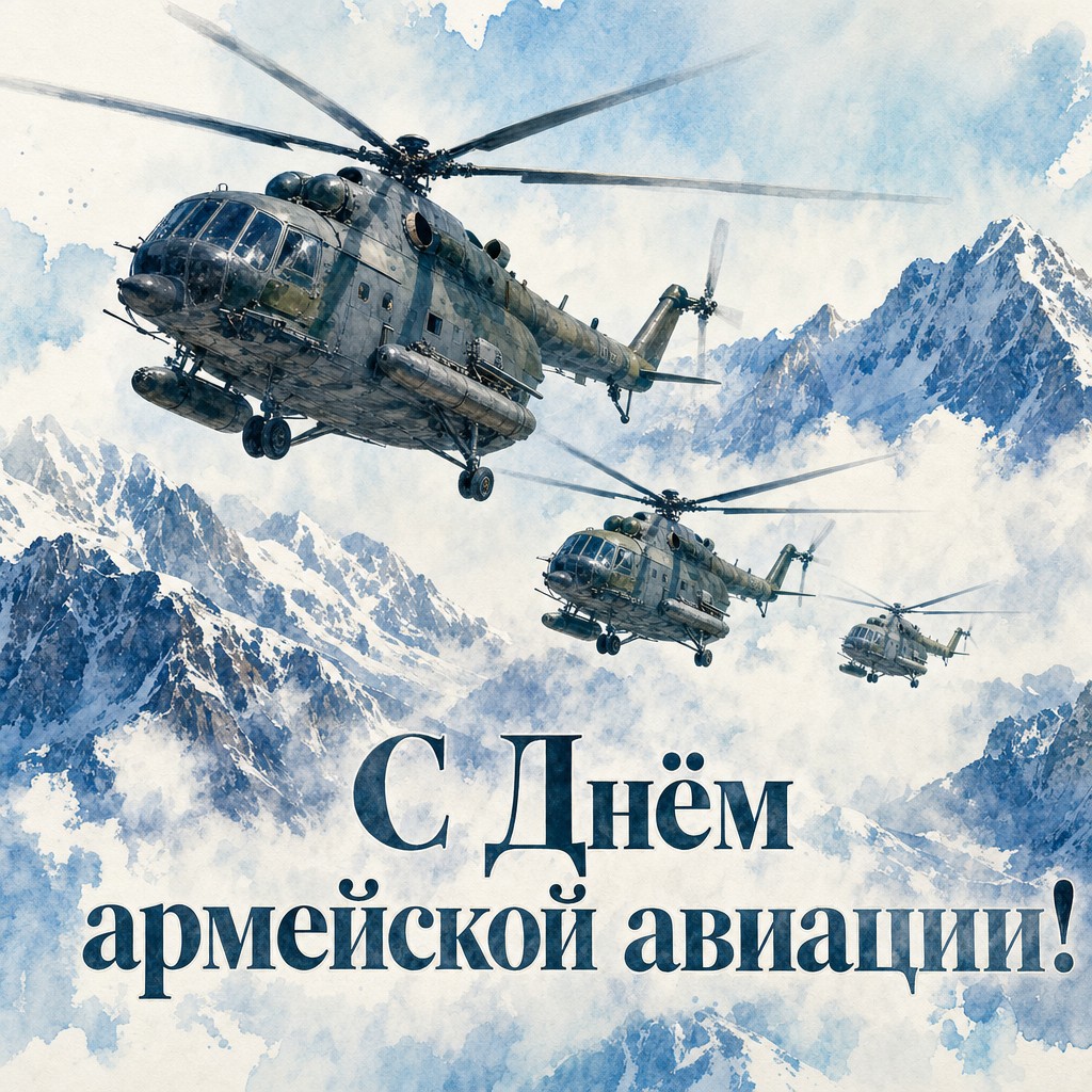 Акварельная открытка ко Дню армейской авиации с вертолётами, летящими над снежными горами.