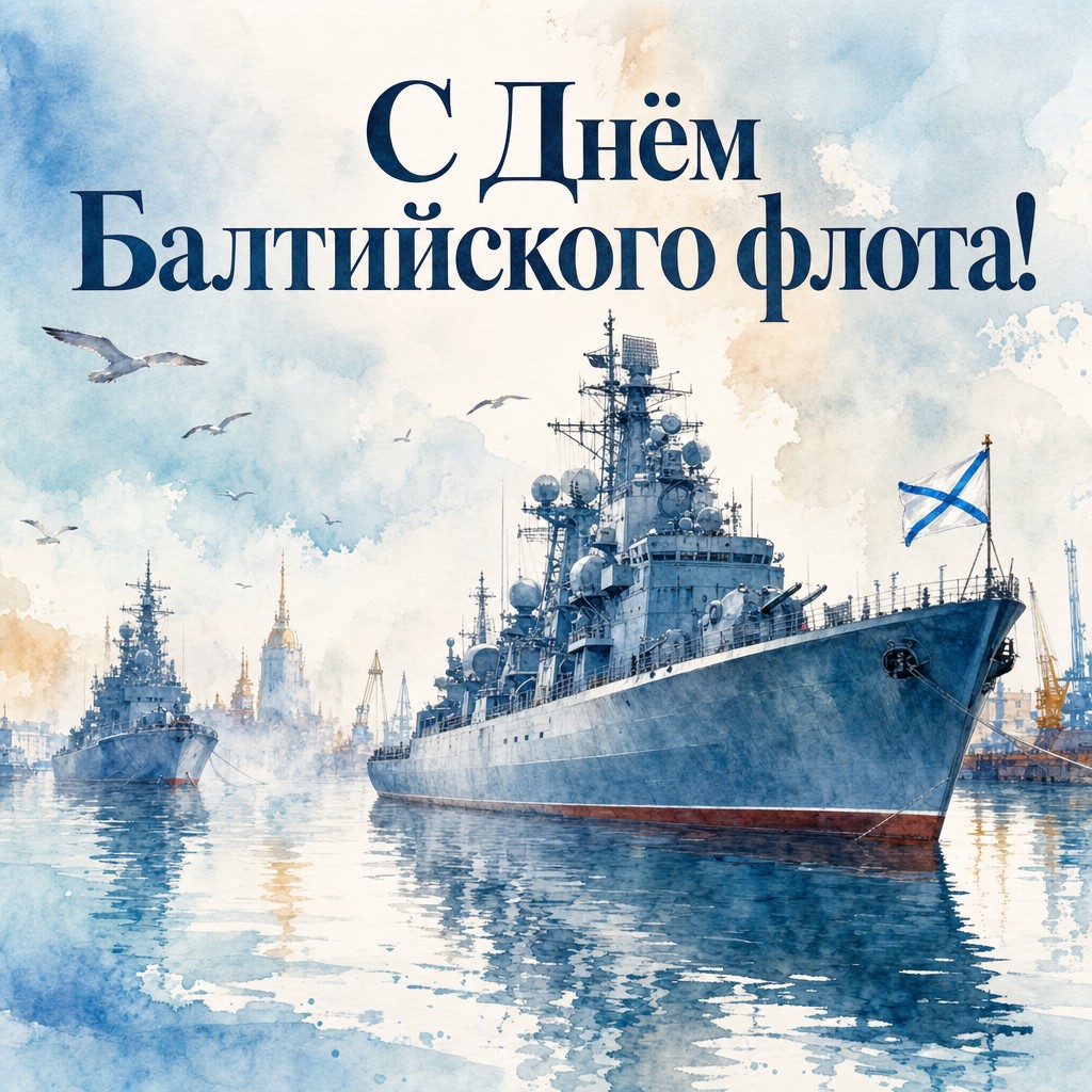 Нежная акварельная открытка ко Дню Балтийского флота ВМФ России с кораблями в балтийской гавани.