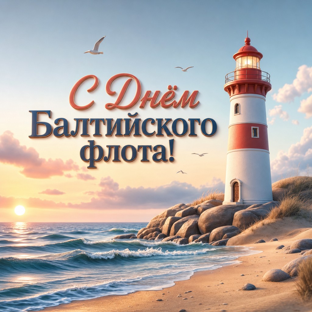 Светлая 3D-открытка ко Дню Балтийского флота ВМФ России с маяком, берегом и волнами.