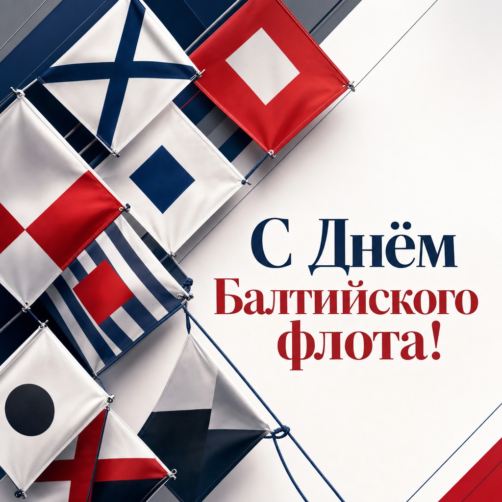 Современная открытка ко Дню Балтийского флота ВМФ России с яркими морскими сигнальными флагами.
