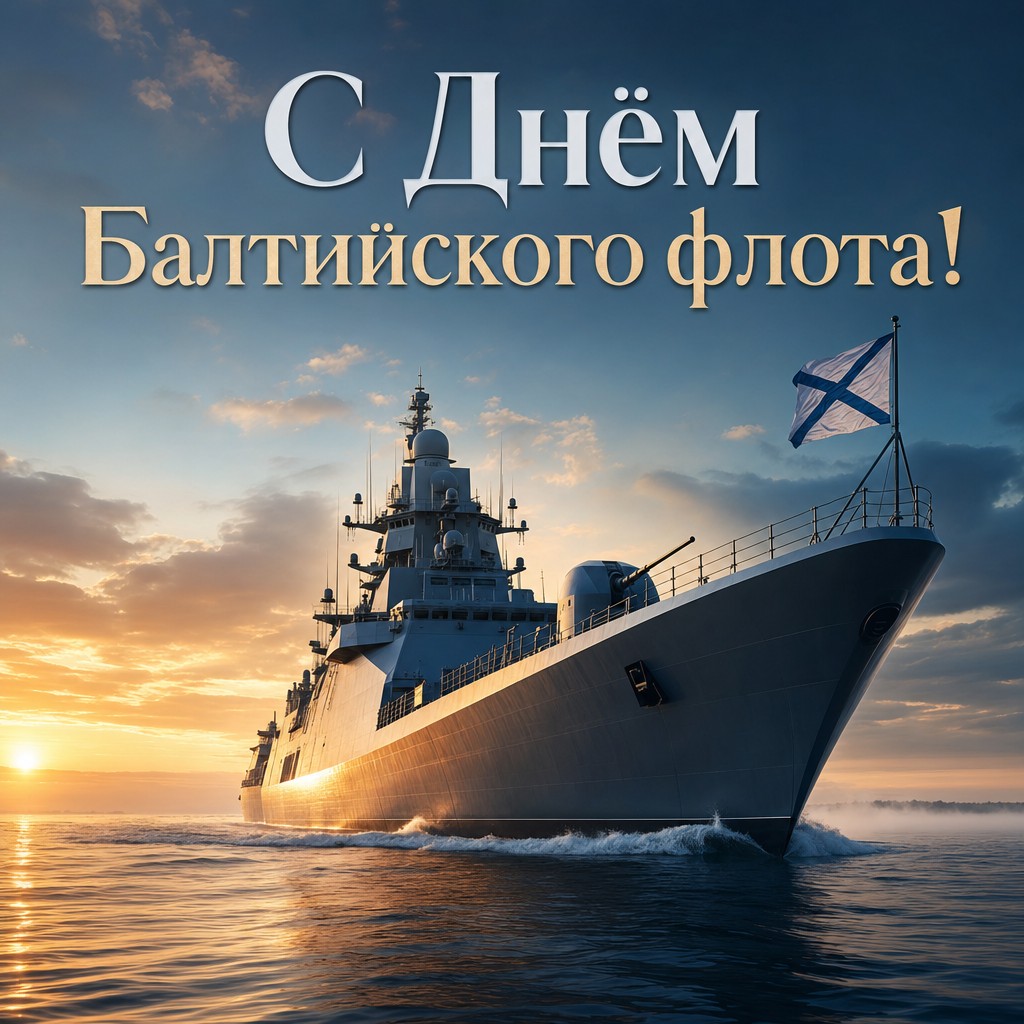 Премиальная открытка ко Дню Балтийского флота с военным кораблём на рассвете над морем.