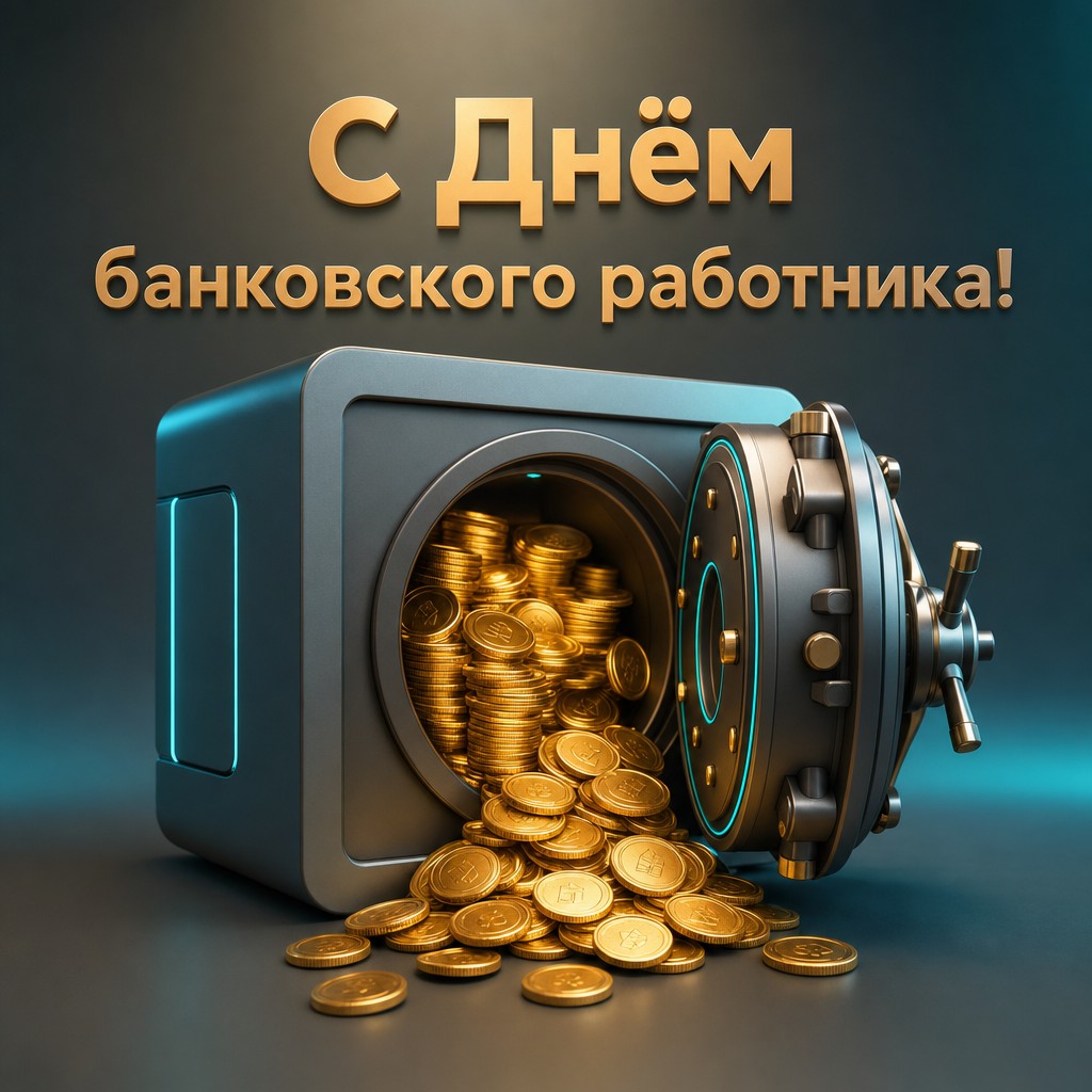 Яркая 3D-открытка ко Дню банковского работника с открытым сейфом и золотыми монетами.