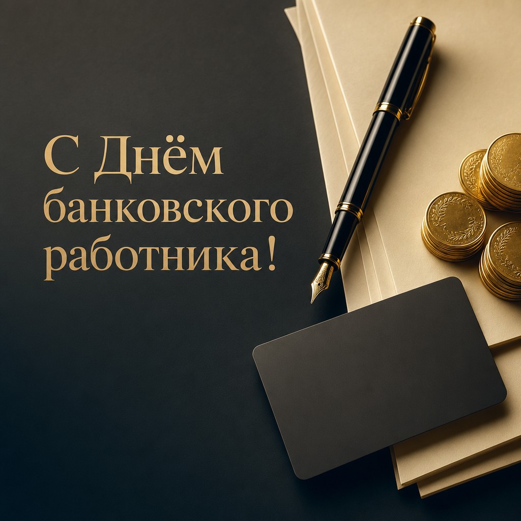 Стильная открытка ко Дню банковского работника с ручкой, монетами и банковской картой в премиальной палитре.