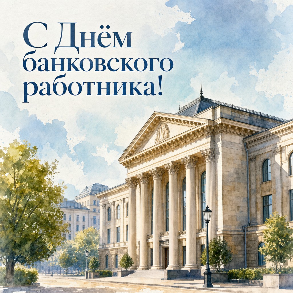 Лёгкая акварельная открытка ко Дню банковского работника с классическим зданием банка.