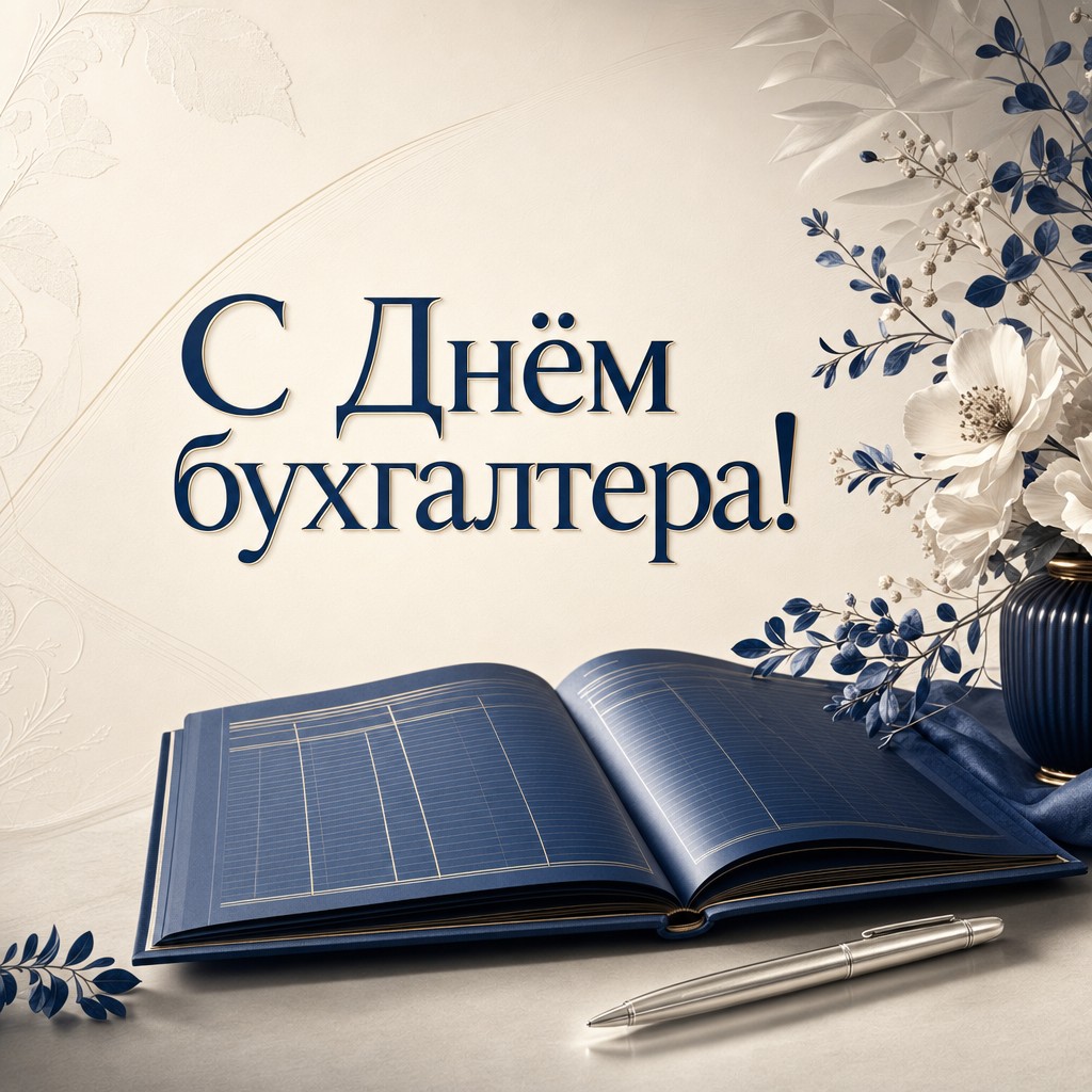 Стильная открытка на День бухгалтера с раскрытой бухгалтерской книгой и серебряными акцентами.