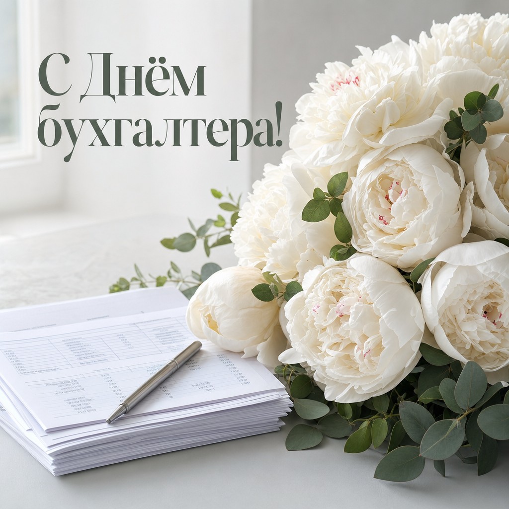 Нежная открытка на День бухгалтера с белыми пионами, документами и мягкой офисной эстетикой.