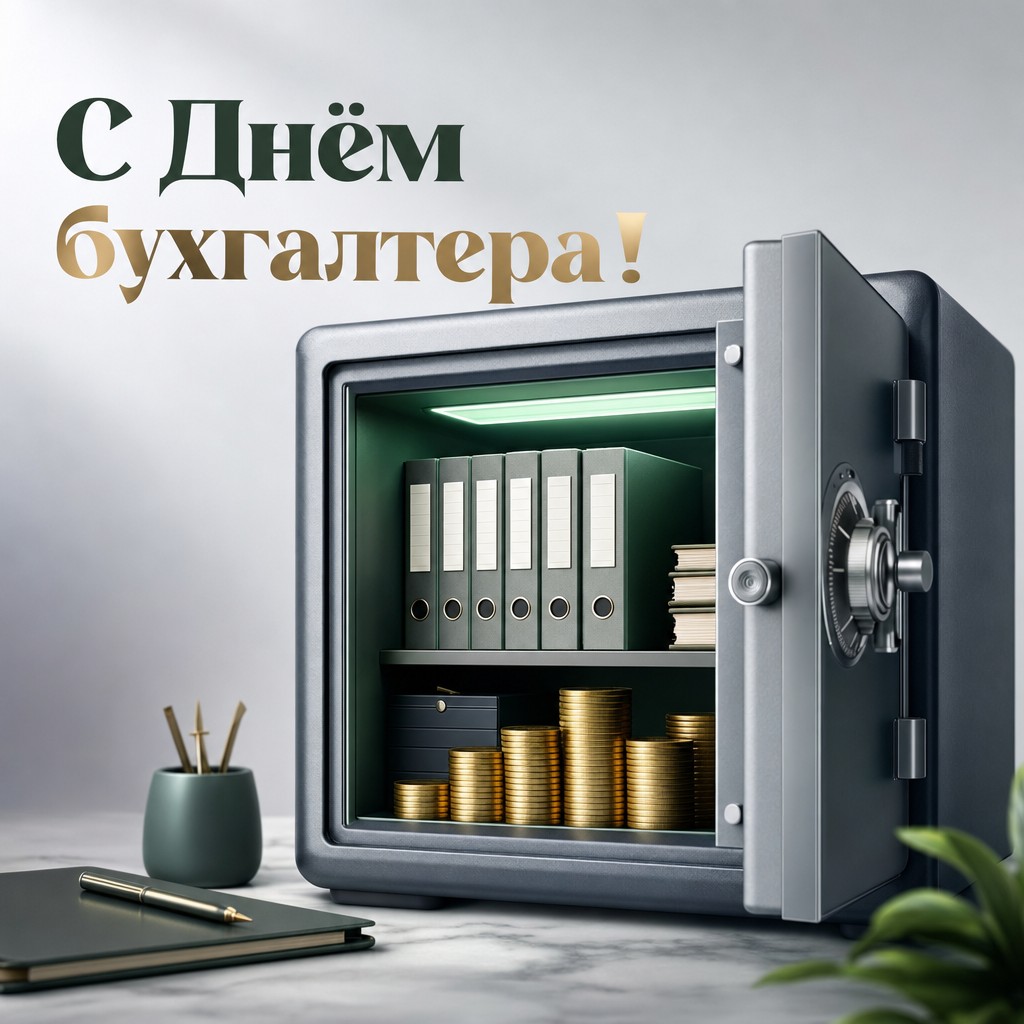 Стильная цифровая открытка на День бухгалтера с открытым сейфом, папками и монетами.