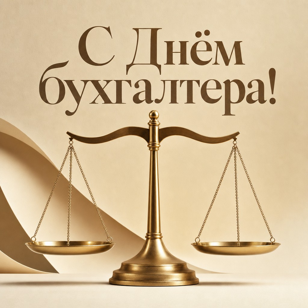 Минималистичная премиальная открытка на День бухгалтера с латунными весами баланса.