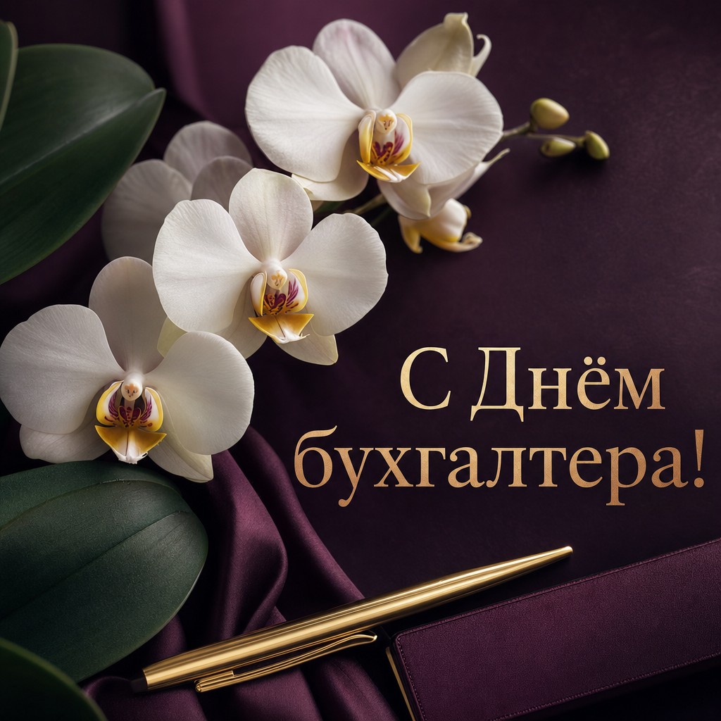 Элегантная открытка на День бухгалтера с белой орхидеей, золотой ручкой и глубоким сливовым фоном.